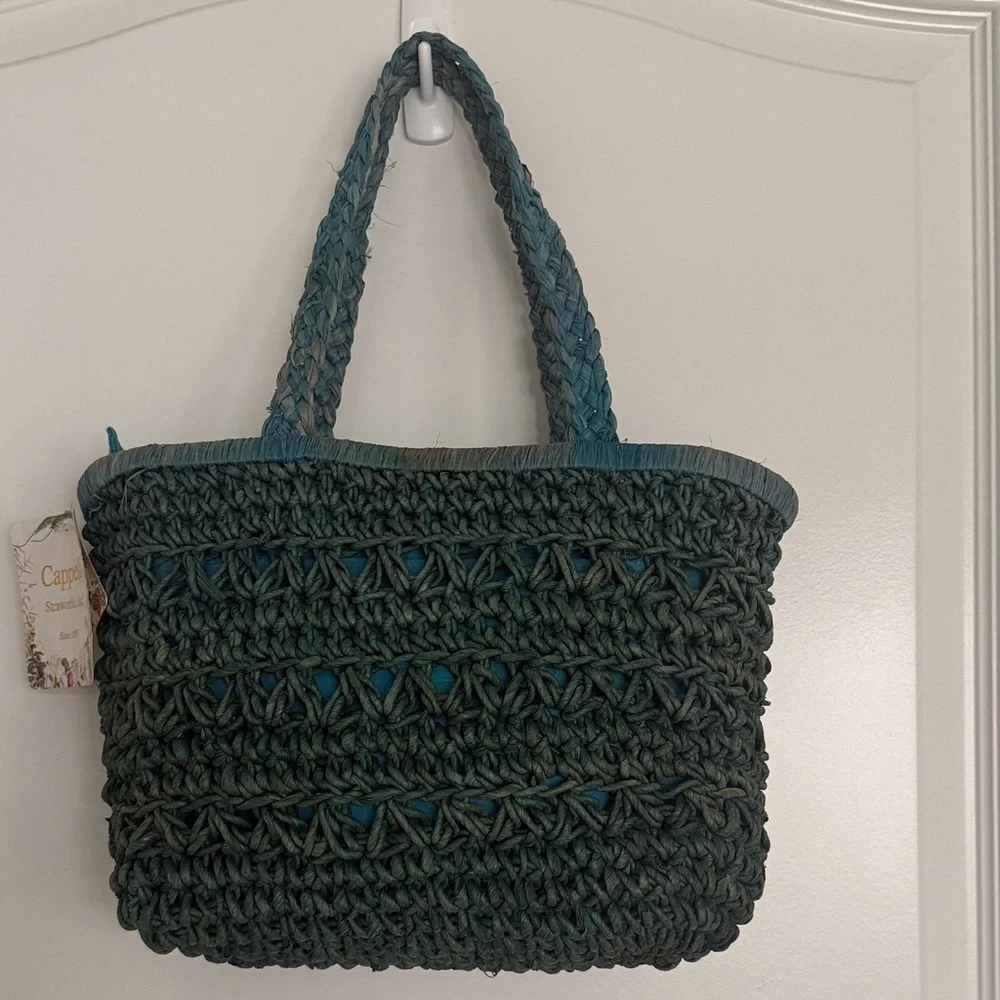 Cappella Straworld Boho Beach Bag Tote Zipper Closure Handwoven Teal Crochet